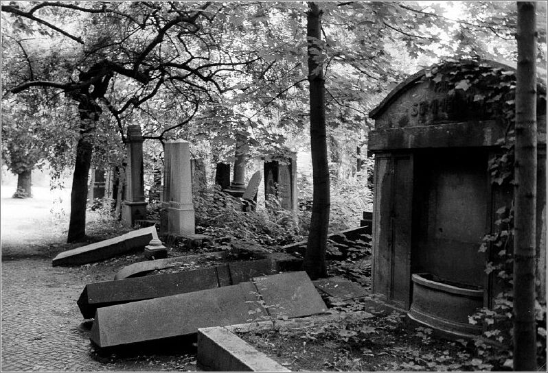 Smashed gravestones in the Jewish cemetery on Grosse Hamburgerstrasse in Berlin that was destroyed by the Nazis.